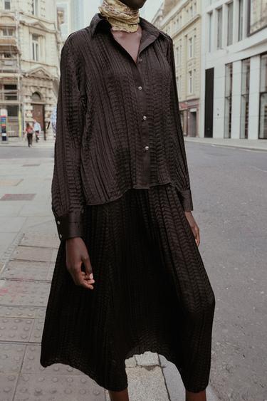 Zara 皺褶效果緞面加大版襯衫 - 棕色