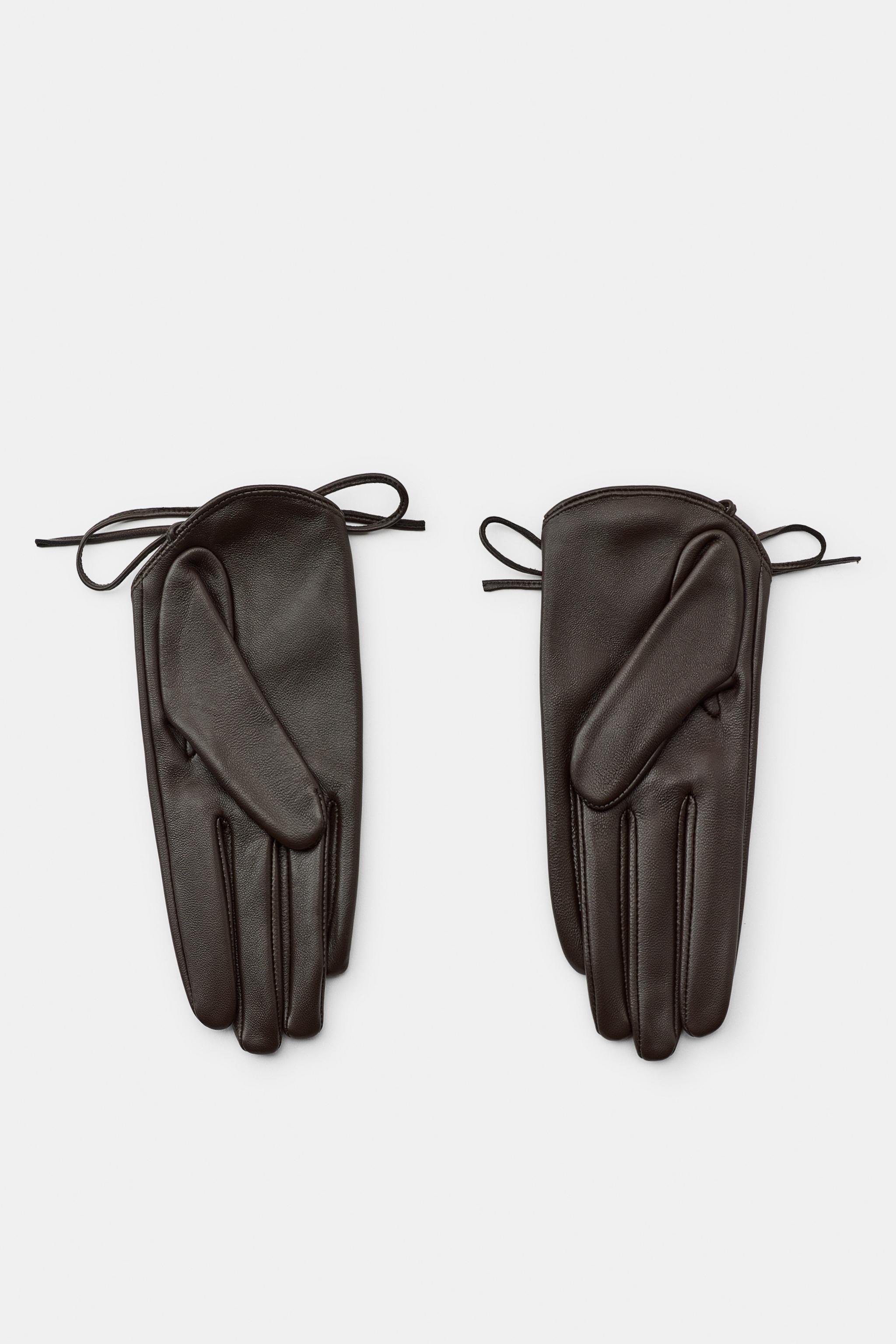 ZARA レザー手袋 グリーン 保存袋付き 100% レザー ショートグローブ リボン - ブラウン | ZARA Japan / 日本