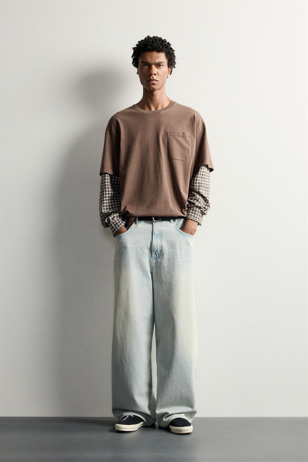 CHECKED LAYERED EFFECT LONG SLEEVE T-SHIRT