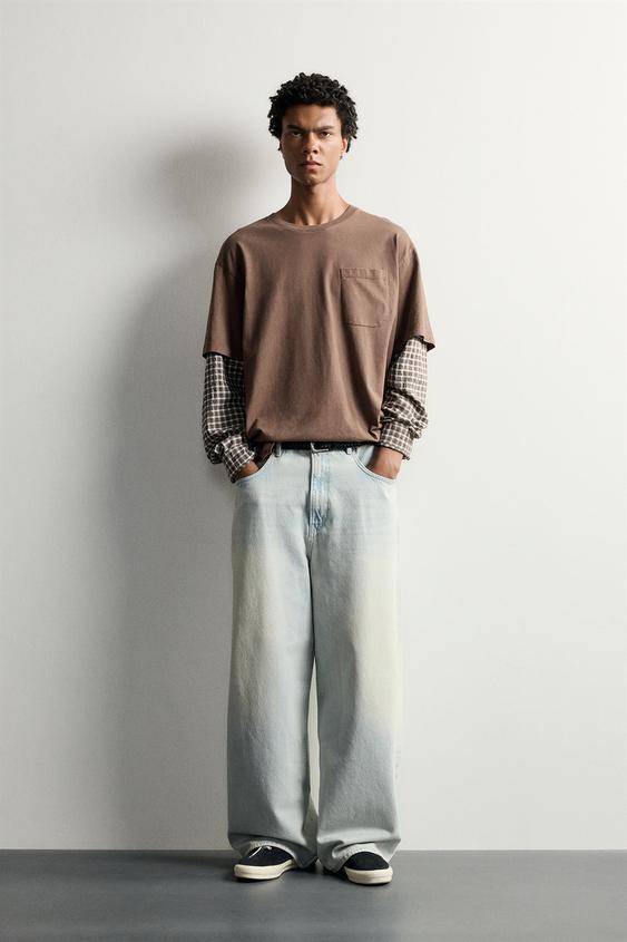 CHECKED LAYERED EFFECT LONG SLEEVE T-SHIRT - Brown by Zara - Image 0