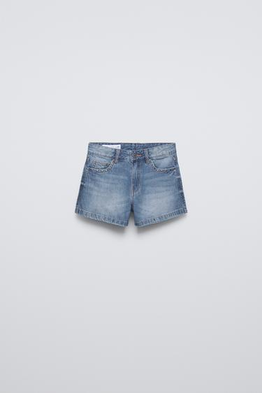 Zara STUDDED DENIM SHORTS - Blue - Image 0