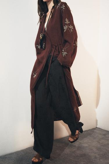 ZW COLLECTION EMBROIDERED LINEN KIMONO - Burgundy by Zara - Image 6