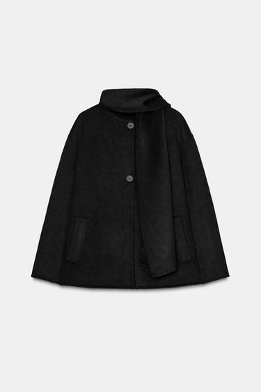 MANTEAU COURT ÉCHARPE AVEC LAINE - Noir de Zara