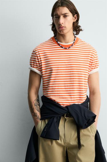 REGULAR FIT STRIPED JACQUARD T-SHIRT - white-orange by Zara - Image 4