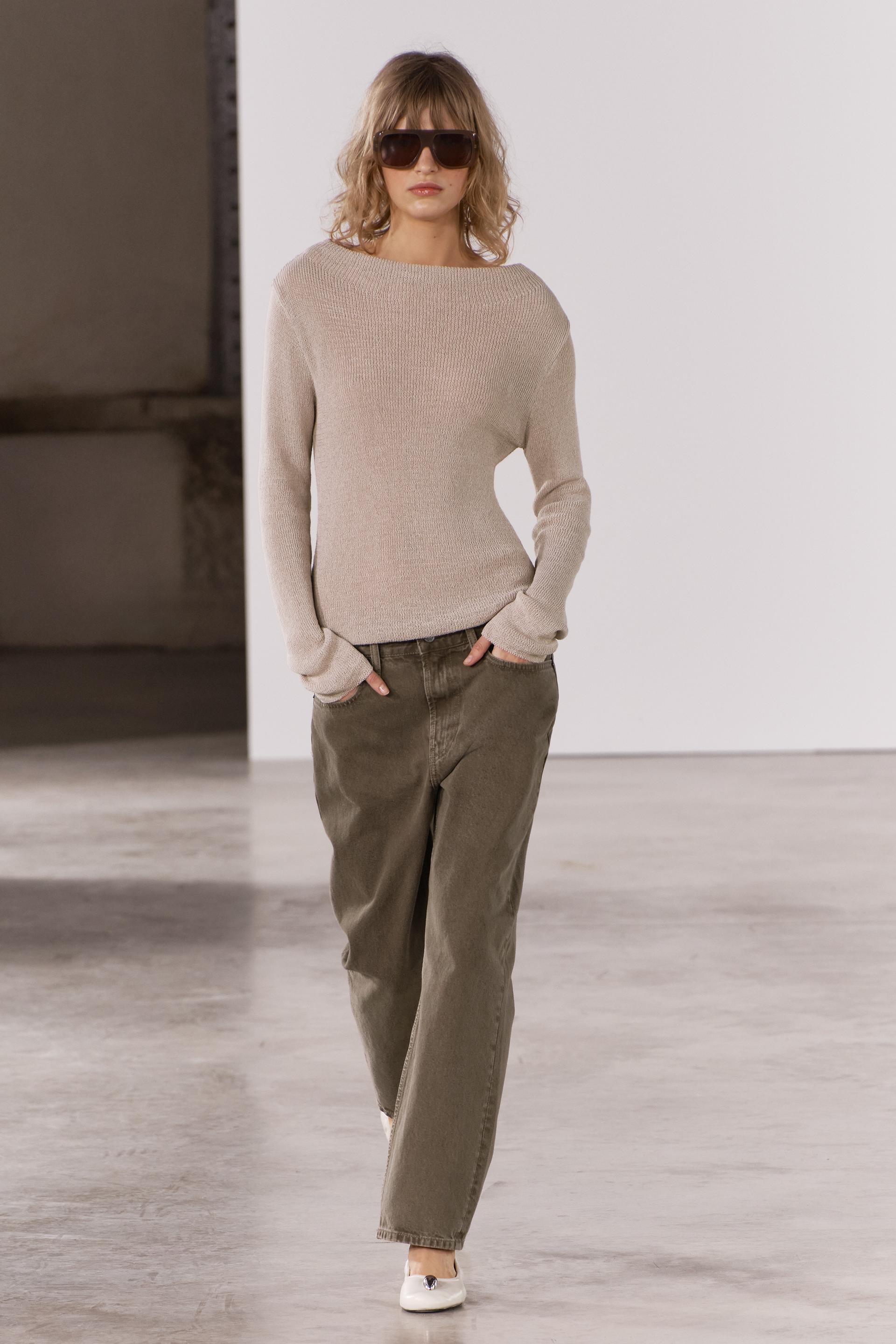 Zara Women's Ribbed Knit Sweater Cream High Collar Long Sleeve