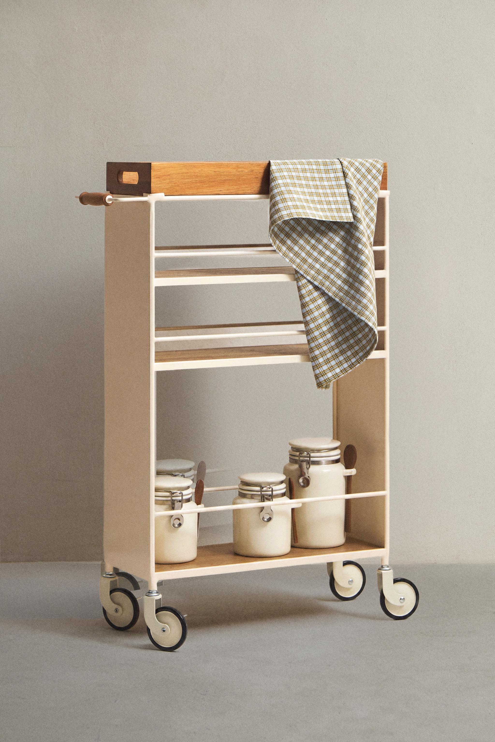 METAL AND WOOD STORAGE CART — Light beige