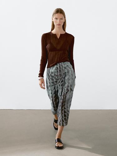 Zara Printed midi skirt with gathered detail - Petrol blue