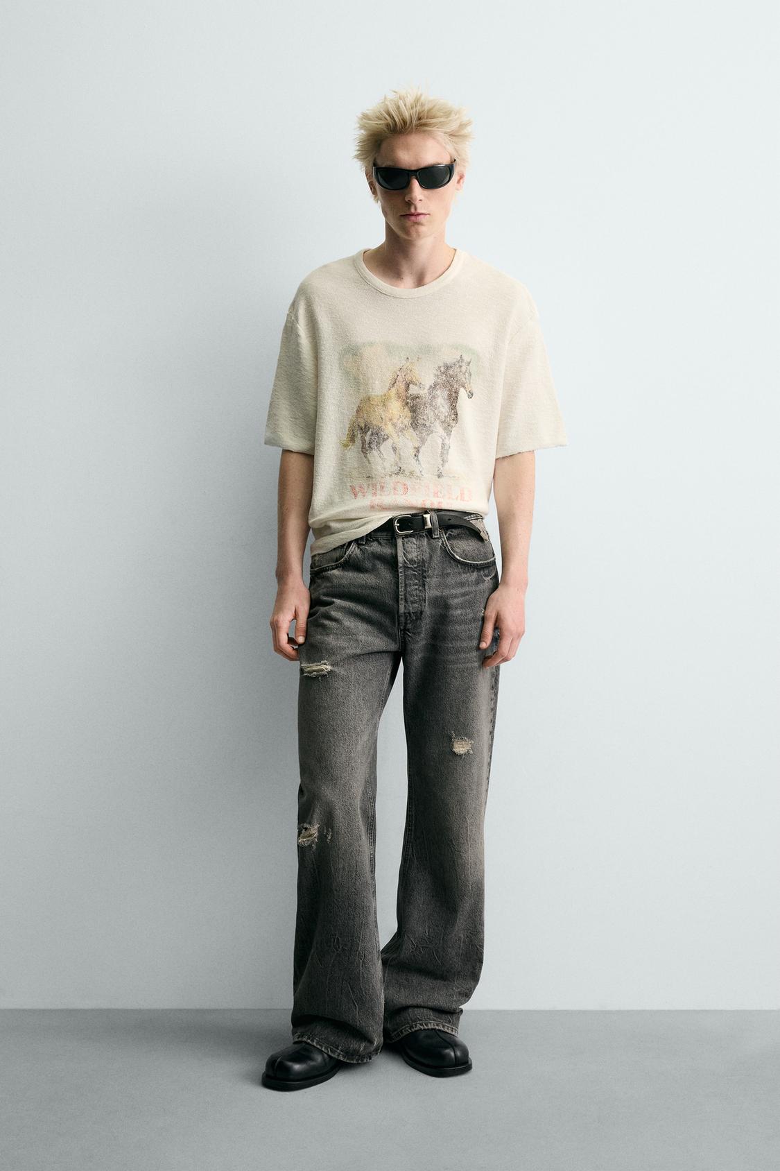 ТРИКОТАЖНАЯ ФУТБОЛКА С КОНТРАСТНЫМ ПРИНТОМ ZARA