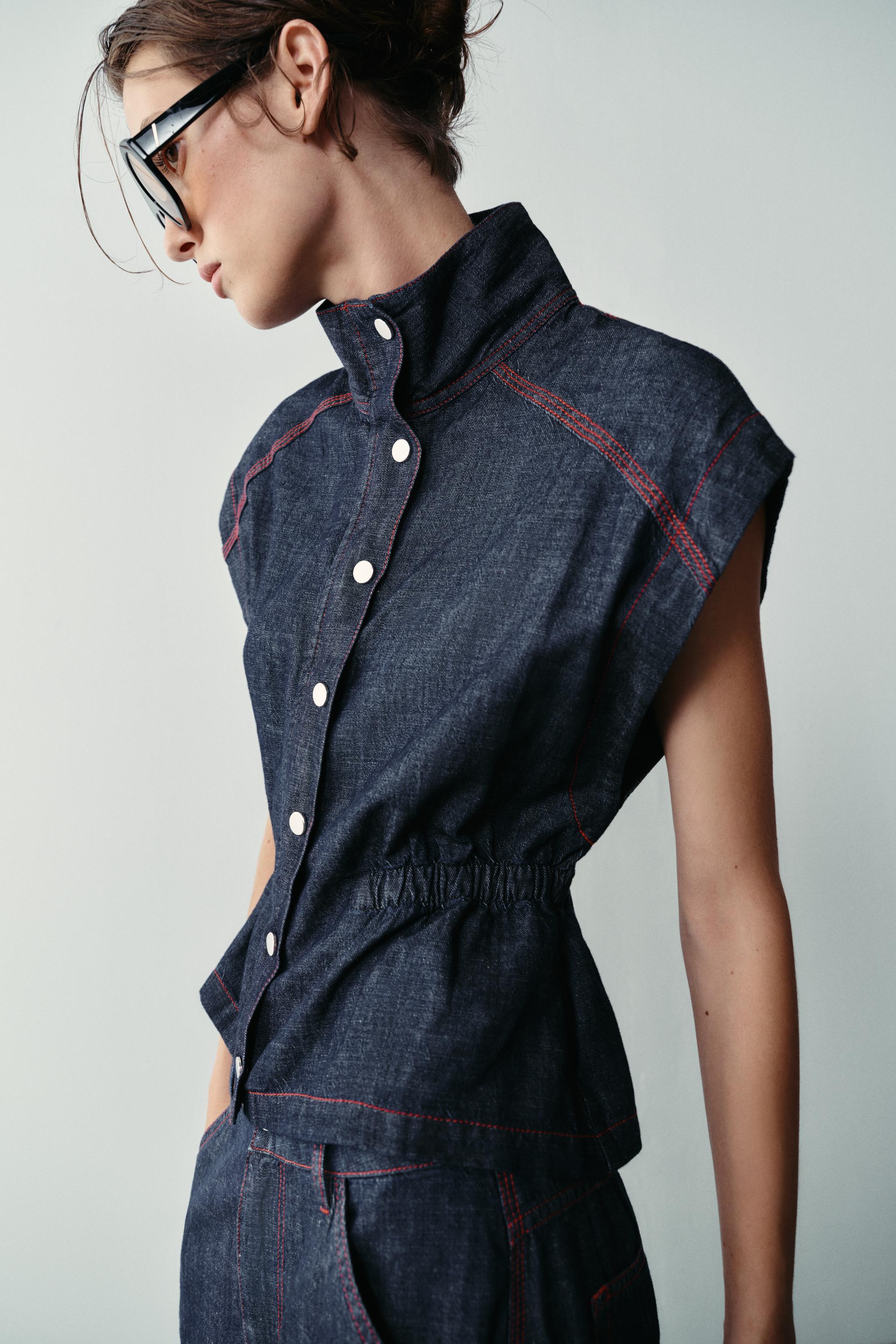 LINEN VEST WITH CONTRASTING TOPSTITCHING