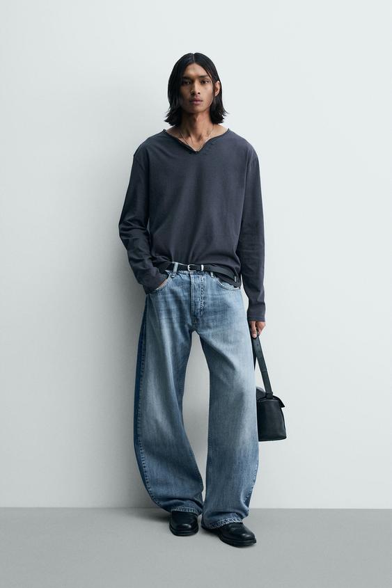 LOOSE BALLOON FIT JEANS WITH CONTRASTING BANDS - Mid-blue | ZARA Canada