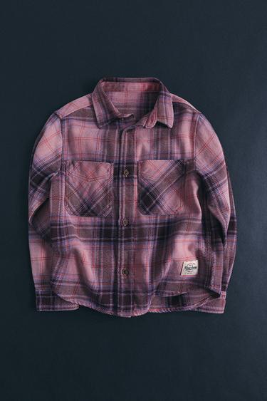 페이크 워싱 체크 오버셔츠 - Zara 미디움 로즈