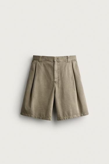 Zara 寬版褶飾短褲 - 淺卡其色