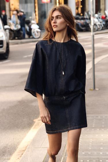 Zara Z1975 BELTED DENIM DRESS - Blue