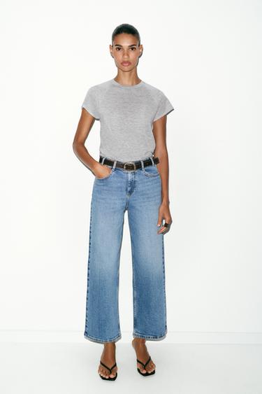 Zara Z.10 HIGH WAIST CROPPED WIDE LEG BELTED JEANS - Mid-blue