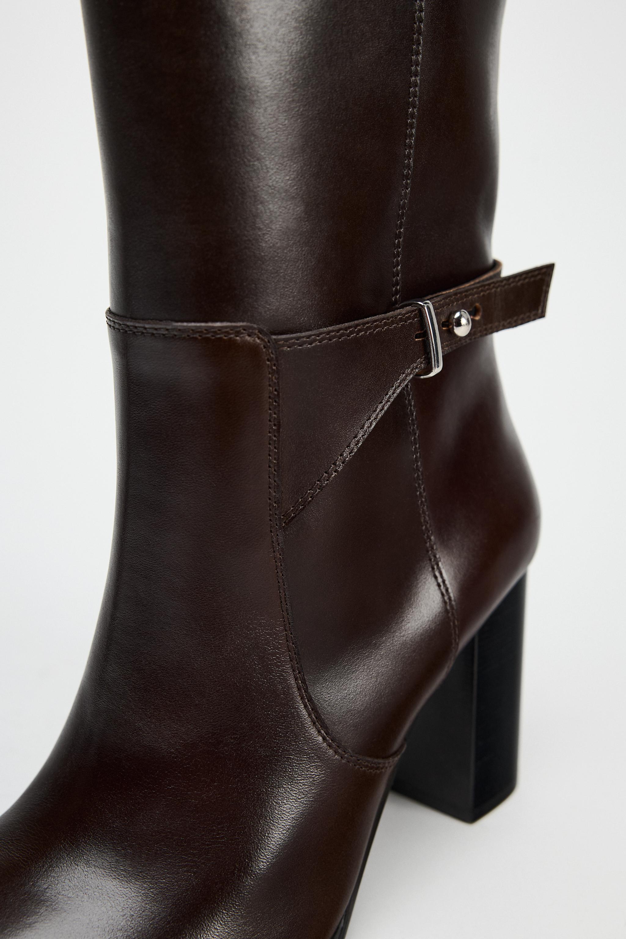 Zara brown tall boots with buckle size online 8