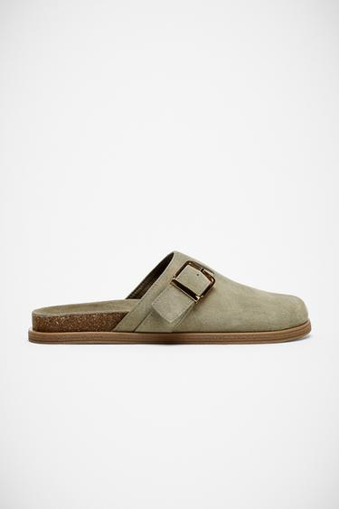 SUEDE CLOGS WITH METAL BUCKLE - Khaki Green by Zara