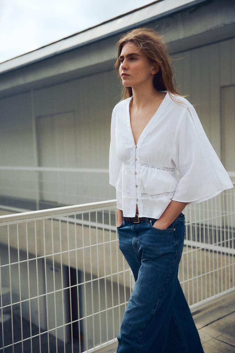 Witte Blouse Wijde Mouwen Shirt BLOUSE MET ENTRE-DEUX Wit ZARA