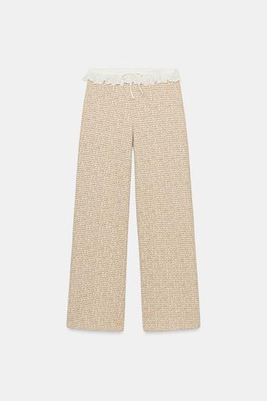 RUFFLED TEXTURED TROUSERS - Ecru / Brown by Zara