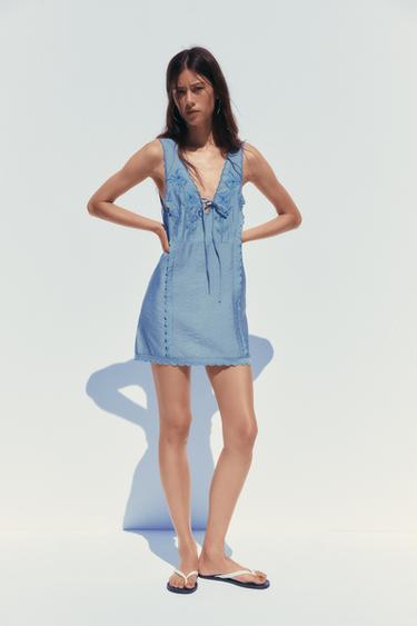 Zara EMBROIDERED SHORT DRESS - Blue - Image 0