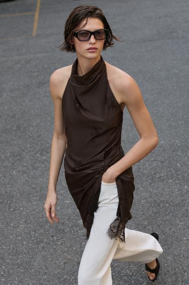 Zara HALTER LINGERIE STYLE DRESS - Brown - Image 0