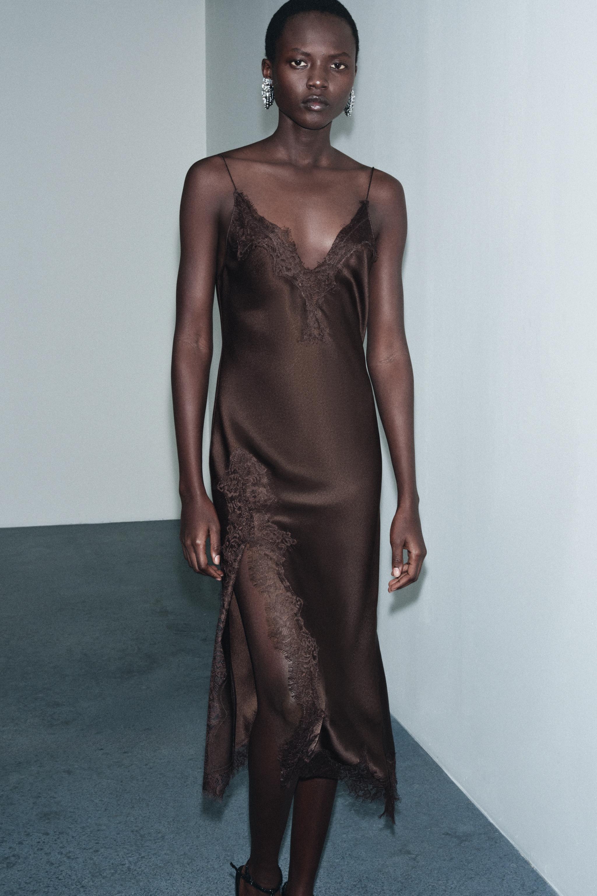 サテンvネックレースワンピース ZWコレクション - ブラウン | ZARA