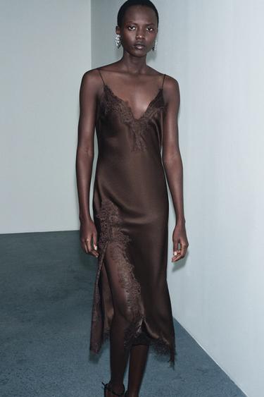 VESTIDO SATINADO ENCAJE ZW COLLECTION - Marrón de Zara