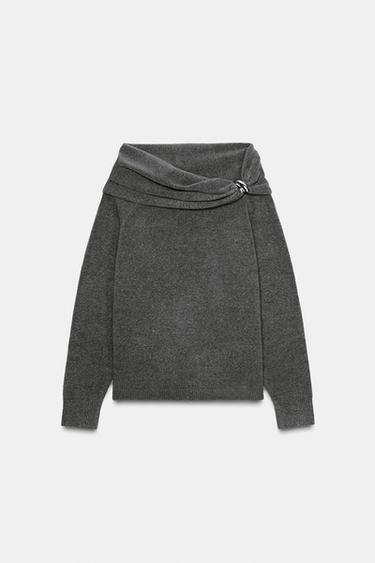 JERSEY PUNTO OFF SHOULDER APLIQUE METÁLICO - Gris perla de Zara - Imagen 0