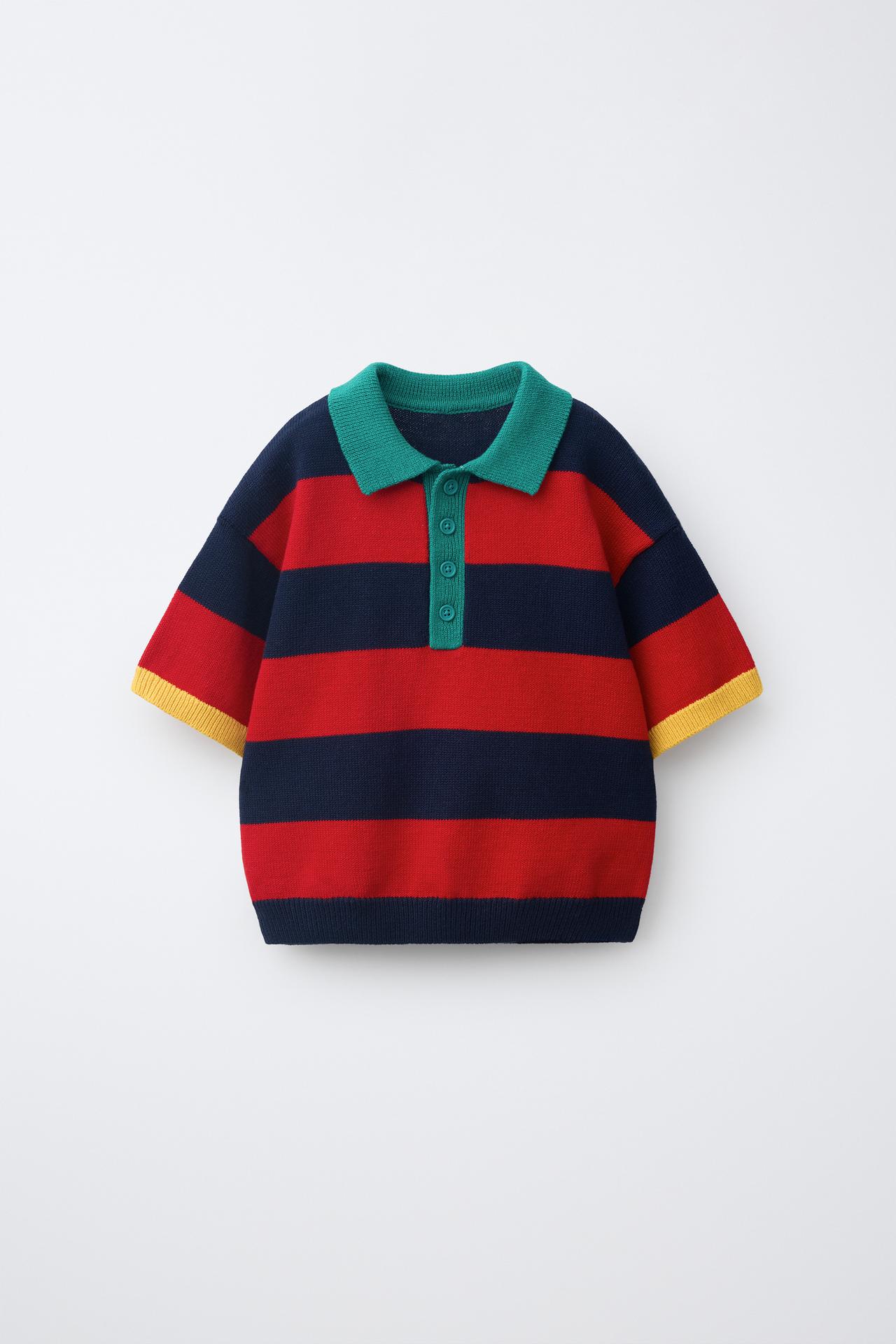 STRIPED KNIT POLO — Red / Navy