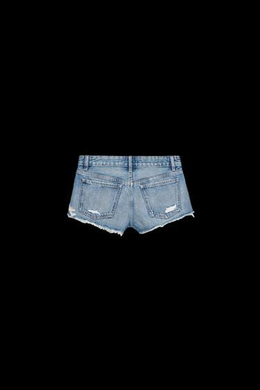 Zara TRF RIPPED MID-RISE DENIM SHORTS - Blue