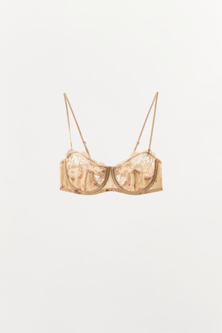FLORAL PRINT LACE UNDERWIRE BRA — Orange