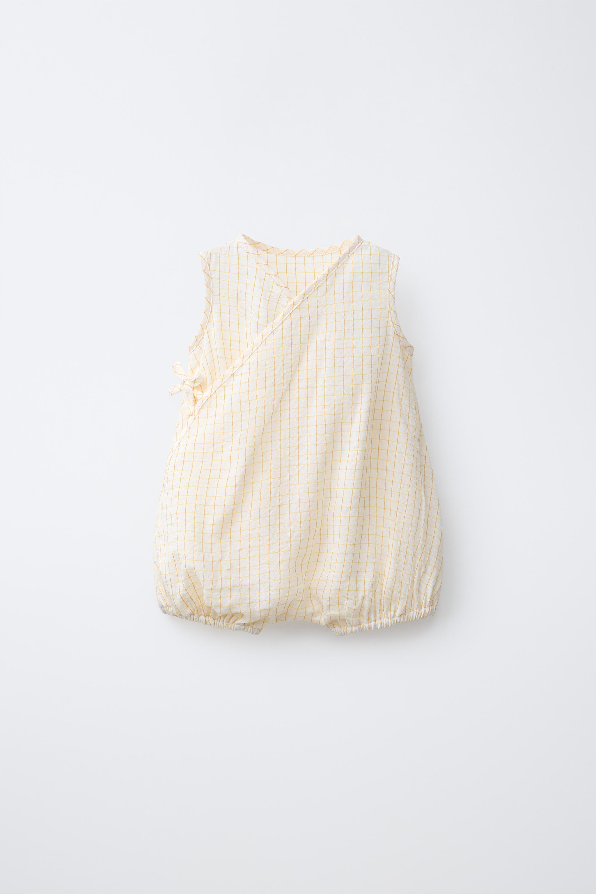 PLAID LINEN BLEND ROMPER — Yellow