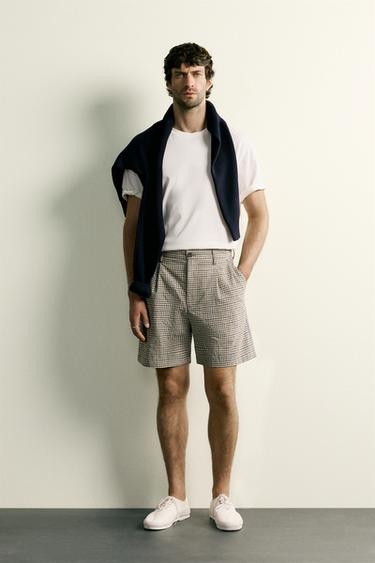 Zara TEXTURED PLAID PLEATED SHORTS - Multicolored - Image 0