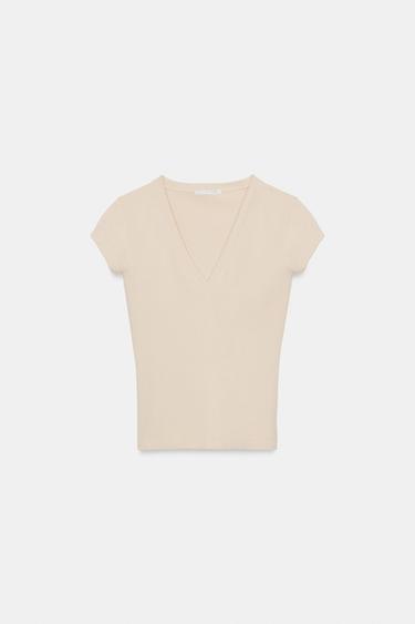 Zara V-NECK T-SHIRT - Stone
