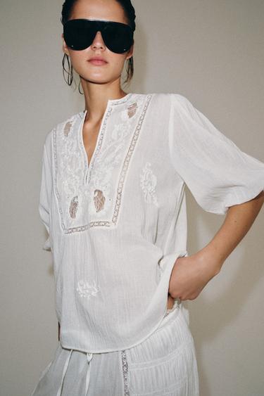 CAMISA BORDADOS ENCAJE ZW COLLECTION - Blanco de Zara