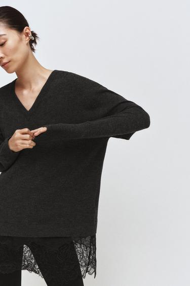 Zara 長版蕾絲拼接針織衫 - 灰色