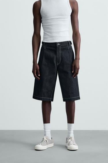Zara BELTED BAGGY FIT DENIM SHORTS - Blue