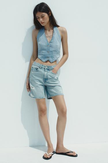 MID-WAIST RIPPED TRF DENIM BERMUDA SHORTS - Blue by Zara - Image 0