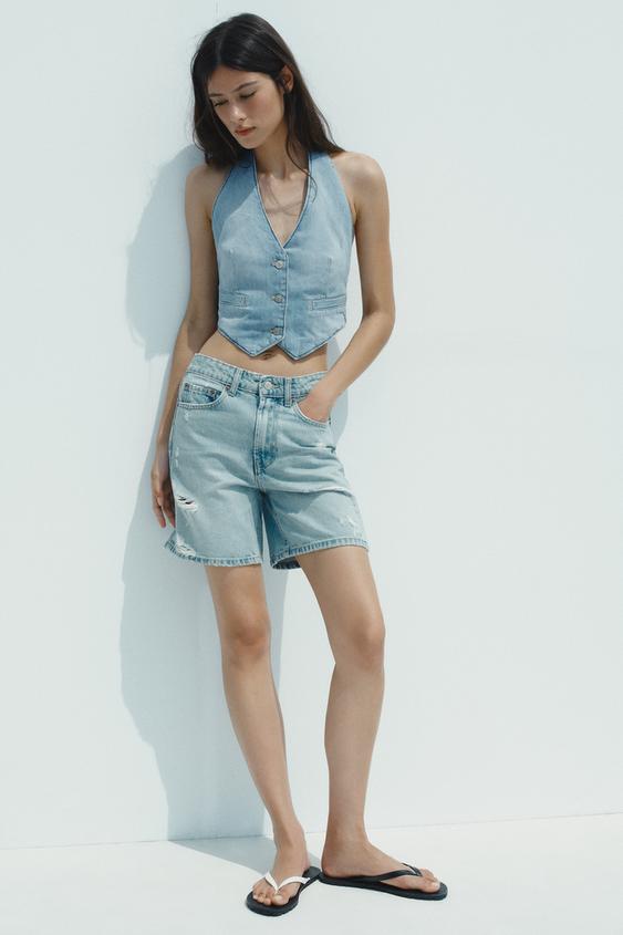MID-RISE RIPPED TRF DENIM SHORTS