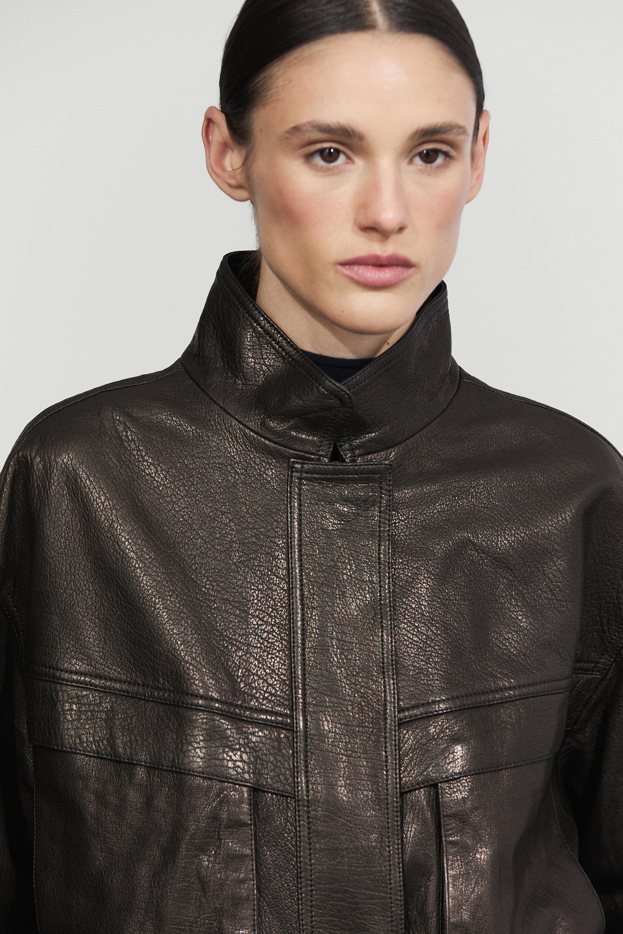 Cropped stand-collar nappa leather jacket