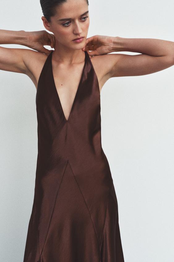 zara voluminous satin effect dress VOLUMINOUS SATIN LONG DRESS - GARNET