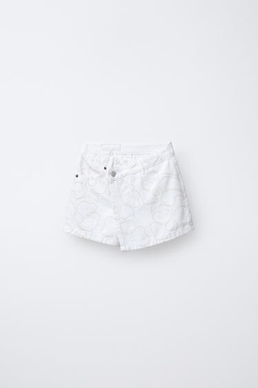 DENIM BERMUDA SKIRT WITH EMBROIDERED FLOWERS - White by Zara - Image 0