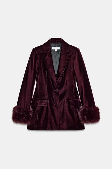 VELVET BLAZER WITH FAUX FUR CUFFS - Burgundy by Zara