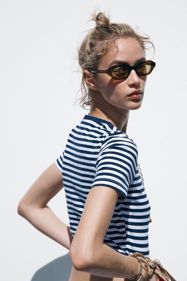 CROPPED STRETCH T-SHIRT - Blue/White by Zara - Image 1