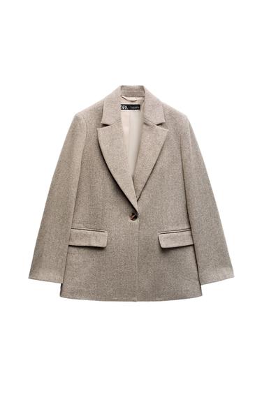 STRAIGHT CUT WOOL BLEND HERRINGBONE BLAZER