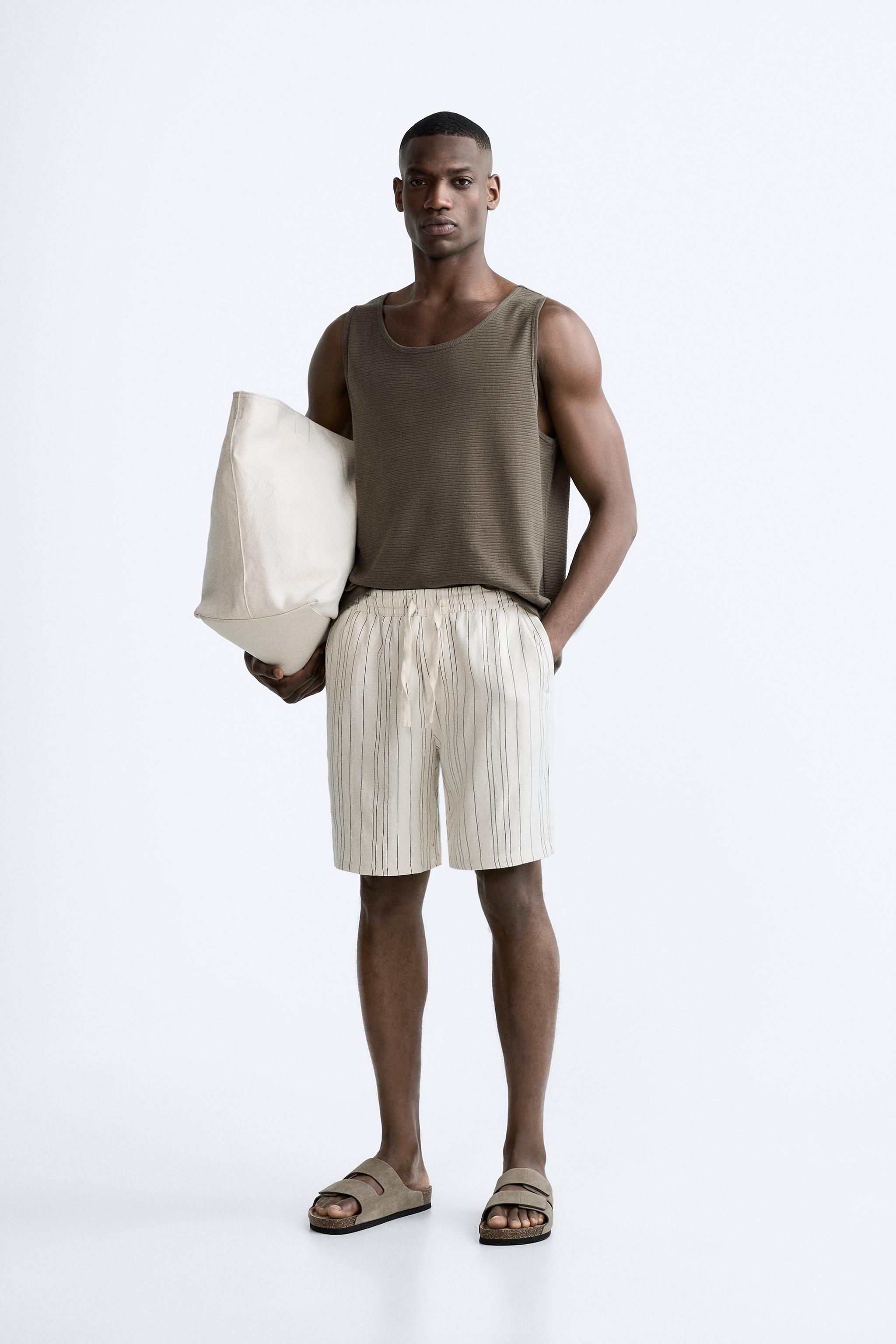 Striped linen shorts online