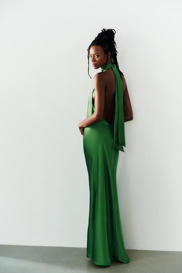 Zara SATIN TIE-DETAIL MAXI DRESS - Emerald