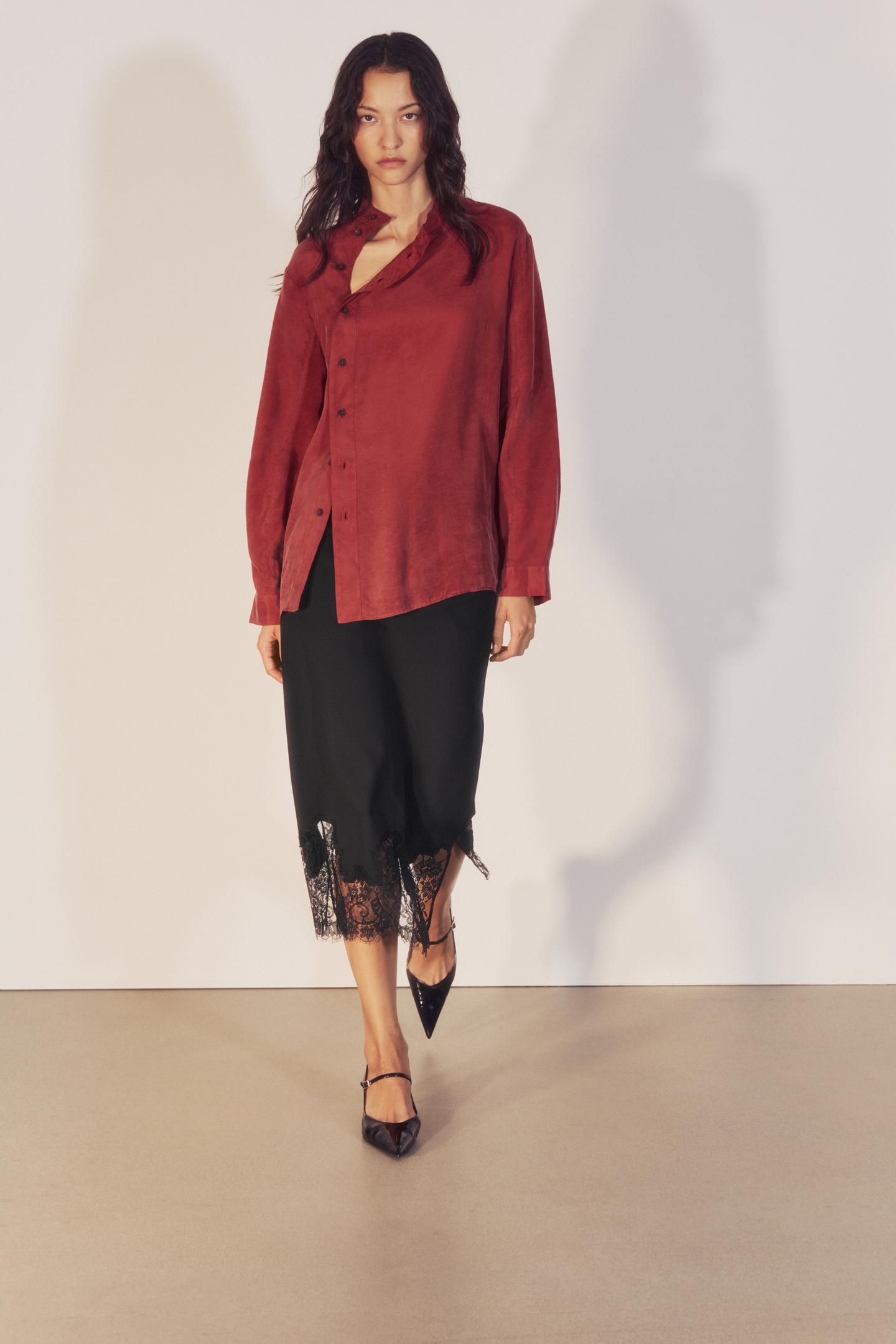 Женская рубашка Zara ZW Collection High Neck Side Closure, цвет: Тёмно-бордовый — фото 5