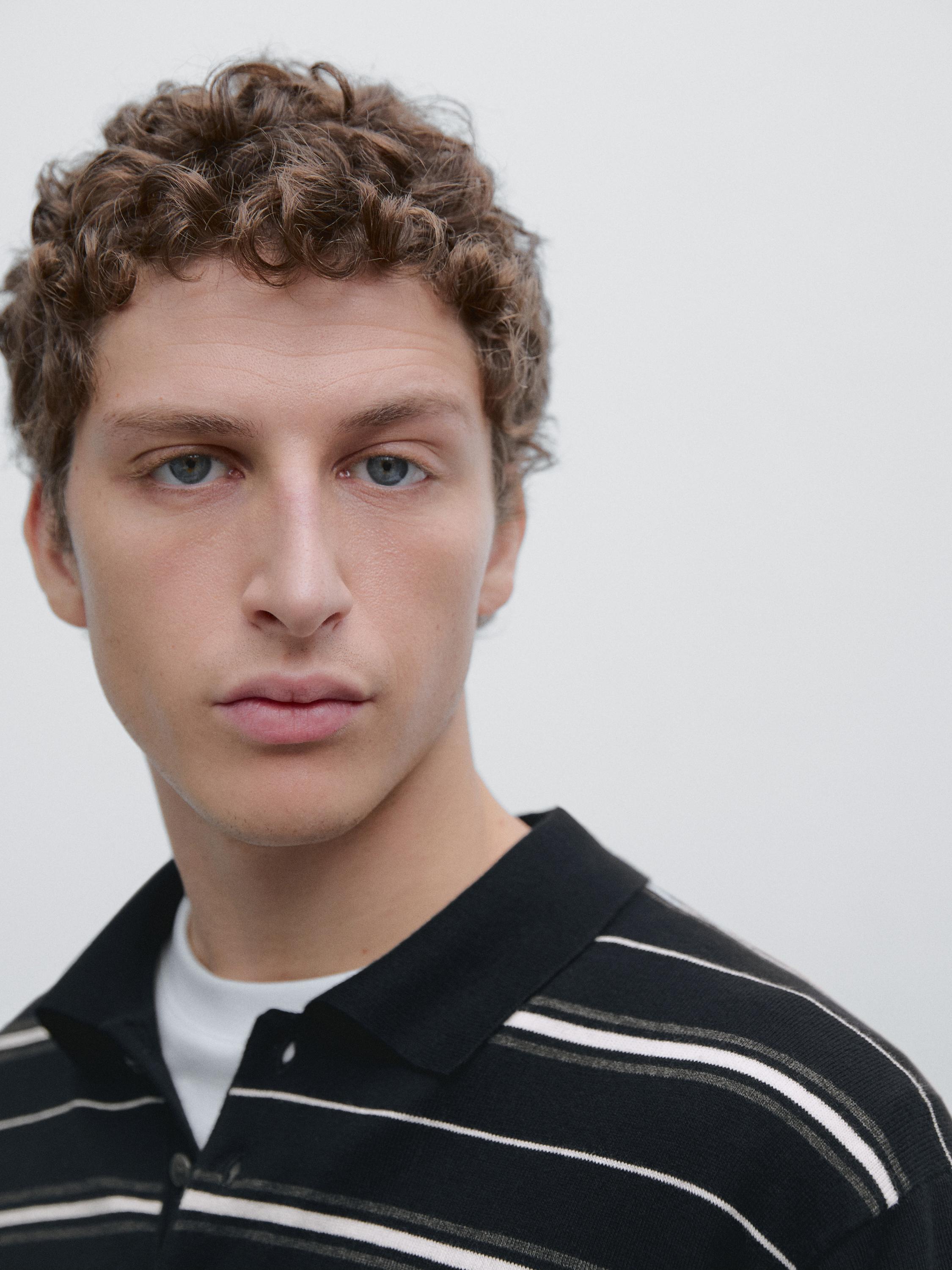 Cotton blend striped knit polo sweater