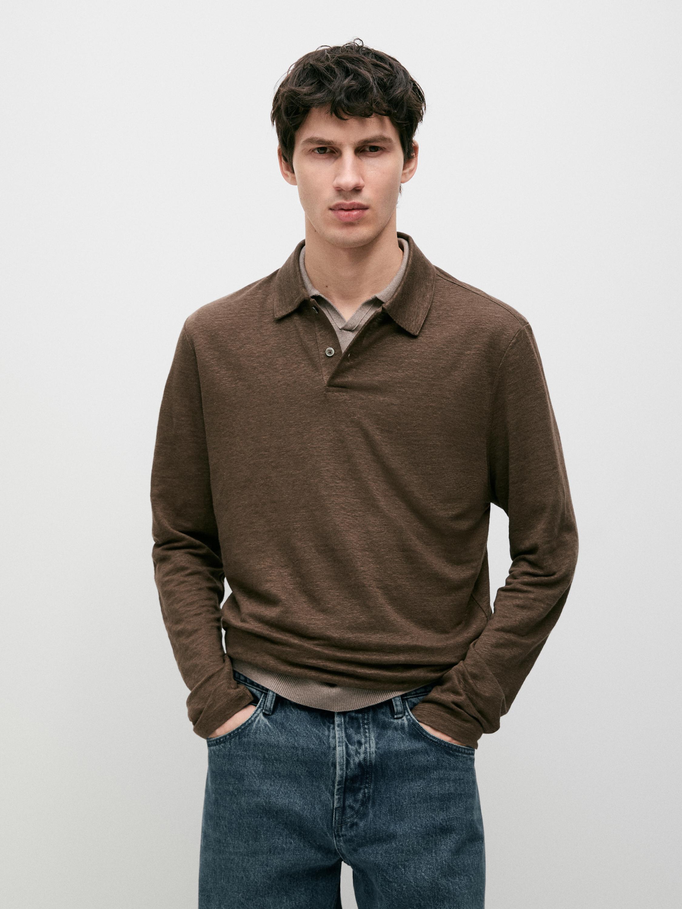 100% linen long sleeve polo shirt