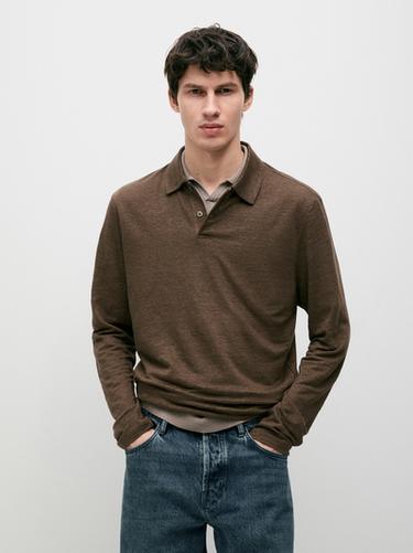 Zara 100% linen long sleeve polo shirt - Oil
